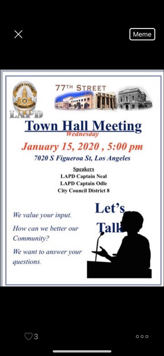 77thLAPDCadets's tweet photo. Join us this Wednesdayfor our Town Hall meeting at South Los Angeles Activity Center. 7020 S. Figueroa St. @LAPD77thSt https://t.co/8uD73bFPbj