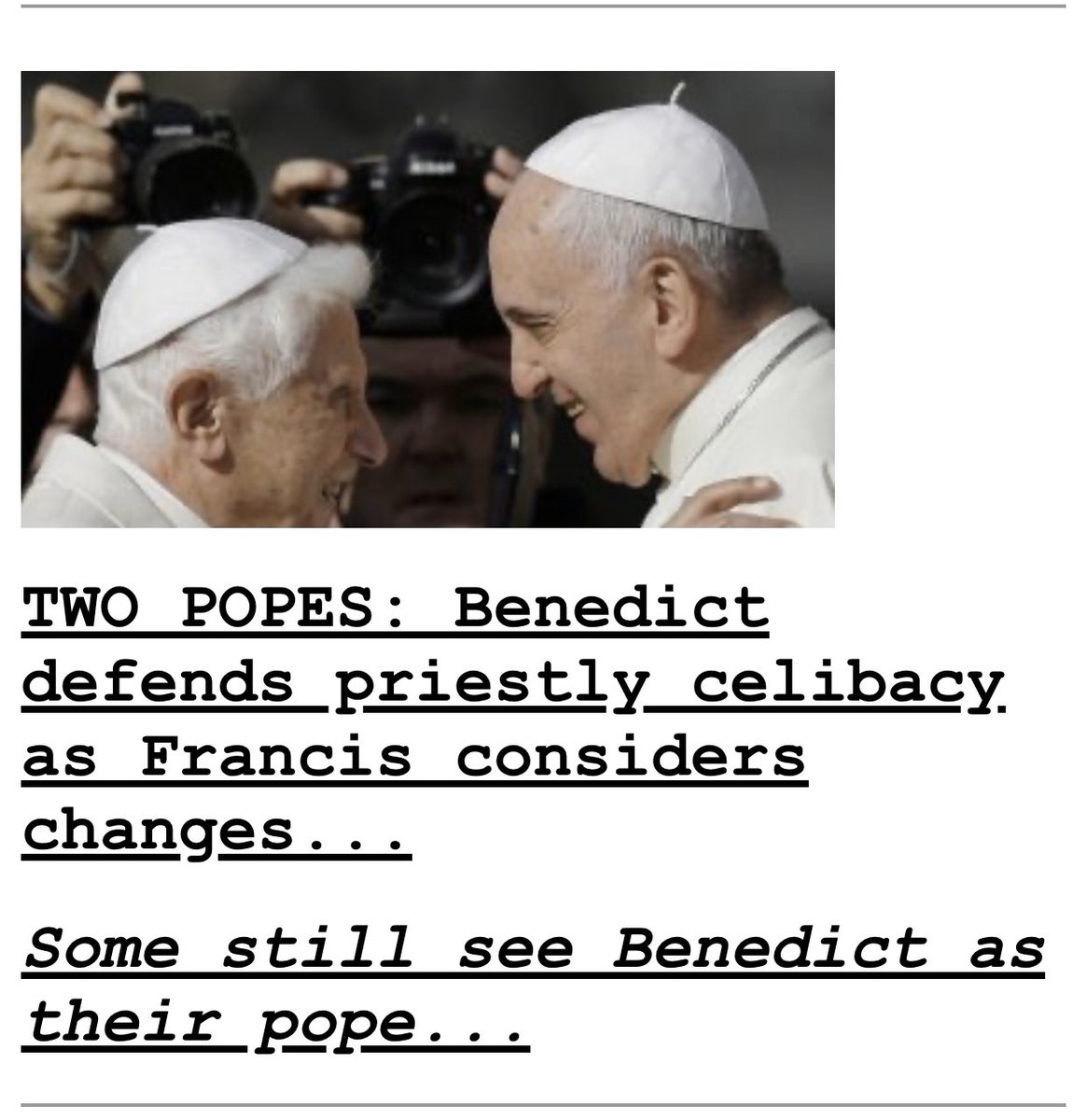 Vae_Victis_1958's tweet photo. Via Drudge Report now. The Vatican 2 False Church deception continues in international headlines.
#TwoHeretics
#TwoAntipopes
#TwoAntichrists
#TwoFalseProphets
#TwoInvalidBishops
#sedevacante since 1958
#HegelianDialectic
#Liberal v. #Conservative #Heretics https://t.co/nCChP3l4db
