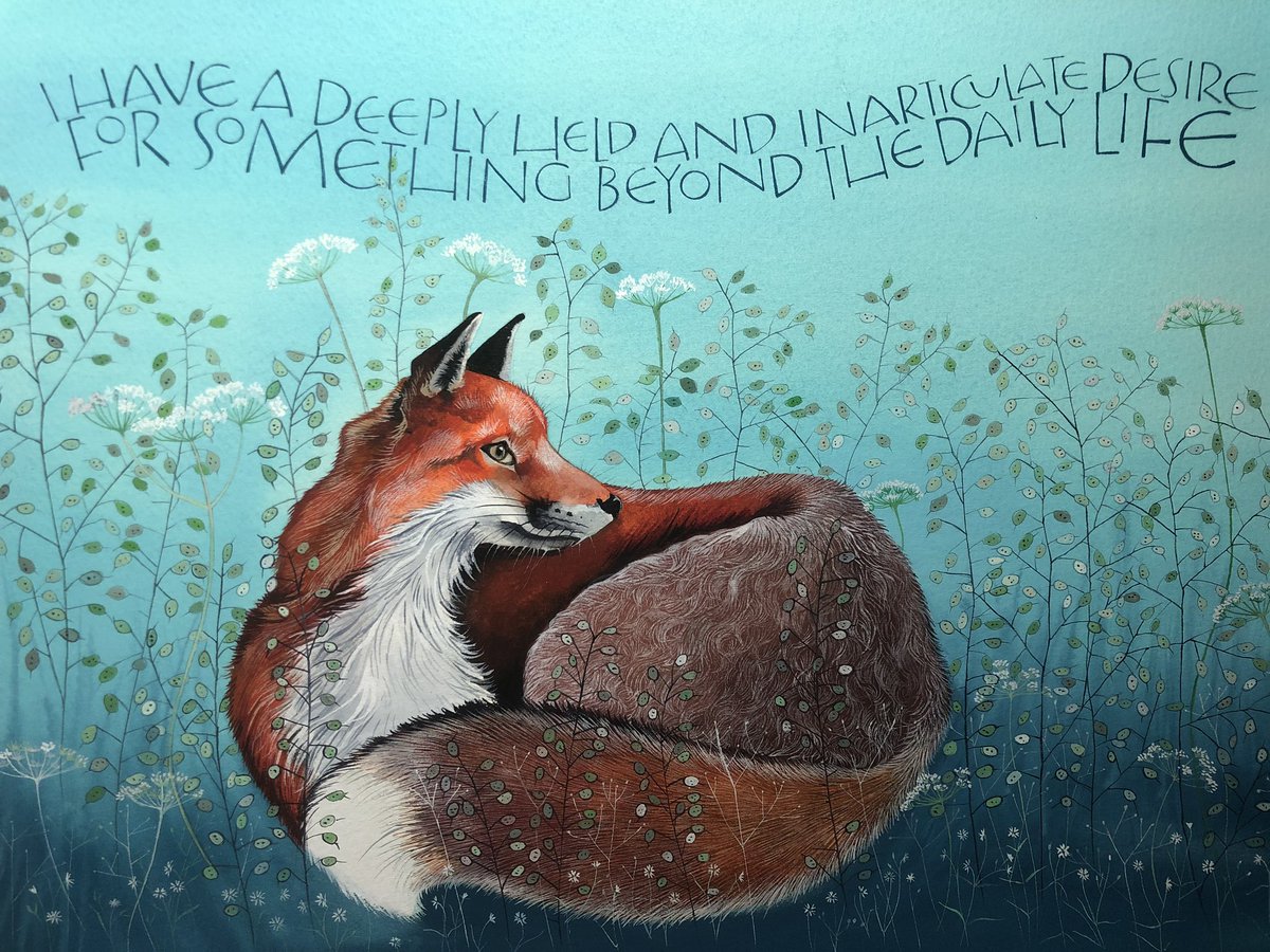 With words by Virginia Woolf. A watercolour/paper version of a slate I painted before Christmas. With Honesty seeds, CowParsley and Stitchwort. #foxart #foxesinart #handlettered
