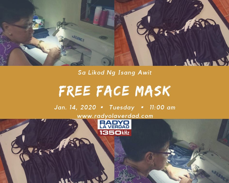 RadyoLaVerdad's tweet photo. Gumawa si nanay Rosalina ng face mask upang ipamigay sa mga na ngangailangan ngayong matindi ang ash fall mula sa Bulkang Taal.

Pero sino nga ba si Nanay Rosalina? Kilalanin siya ngayong Martes, 11:00 AM.

LIVE dito👇🏻👇🏻
📱https://t.co/rVEWzU8lWe
📻1350 AM Band

#TaalEruption2020 https://t.co/jnlwKsWzs1