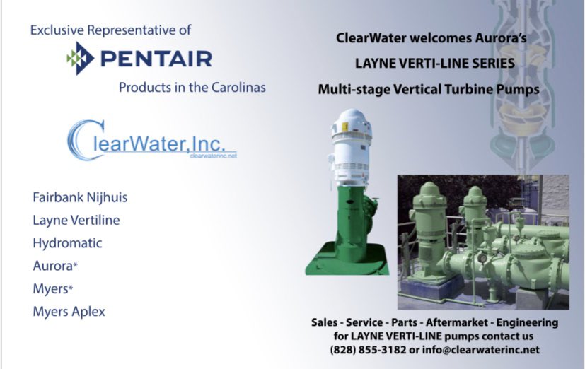 <a href="/ClearWaterInc/">ClearWater Inc.</a> is now the exclusive representative of <a href="/Pentair/">Pentair</a> products in the Carolinas! We are excited to announce that Layne has joined the ClearWater team!