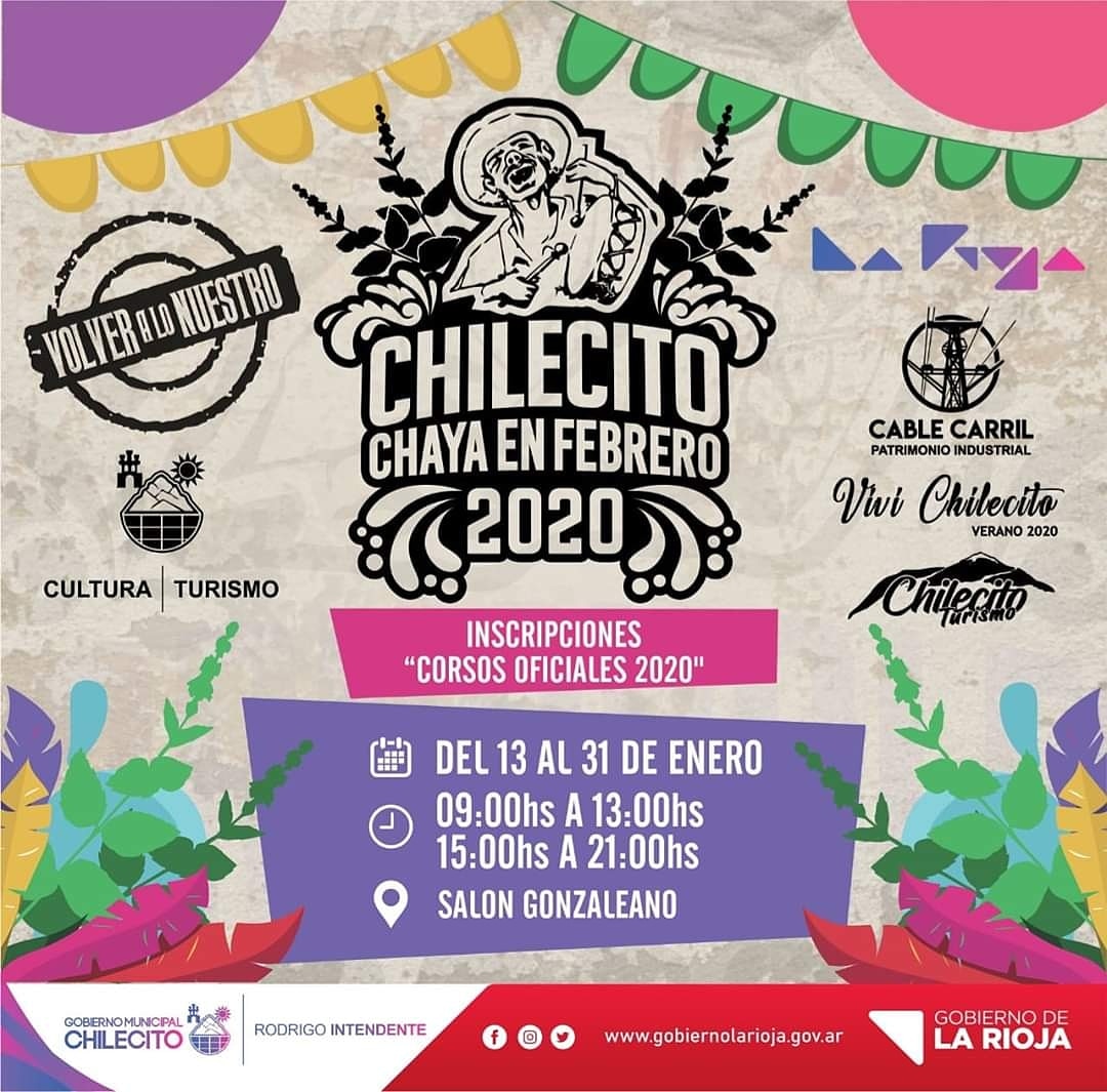 CHILECITO CHAYA EN FEBRERO 2020 
Inscripciones corsos oficiales del 13 al 31 de enero en el horario de 9 a 13 y de 15 a 21 hs._Salon Gonzaleano
#chilecitochayaenfebrero
#Gobiernomunicipalchilecito
#rodrigointendente#quintelagobernador
instagram.com/p/B7RHWDjAWkg/…