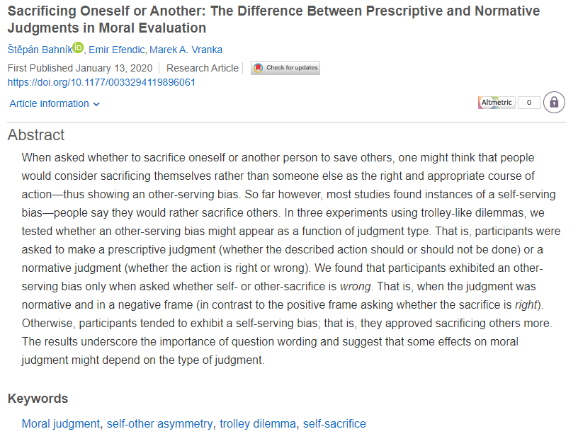 Our paper on wording effects in moral judgment with <a href="/EmirEfen/">Emir Efendić</a> and <a href="/mVranka/">Marek Vranka</a> is now published: journals.sagepub.com/doi/10.1177/00…
