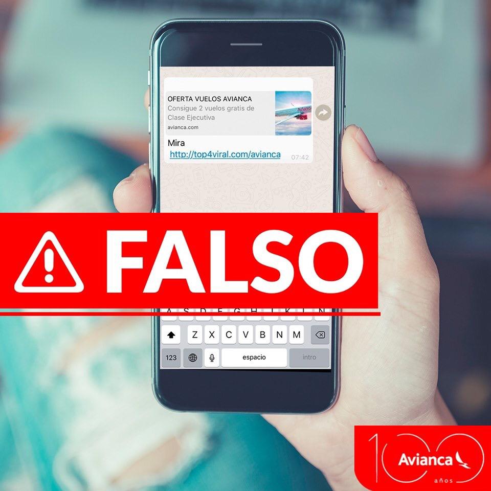 avianca's tweet photo. ATENCIÓN. Vía WhatsApp se están divulgando varias promociones FALSAS a nombre de Avianca. No caigas, no compartas, no entregues información privada a desconocidos. #ProtegeTusDatos https://t.co/EI3YnyXS1y