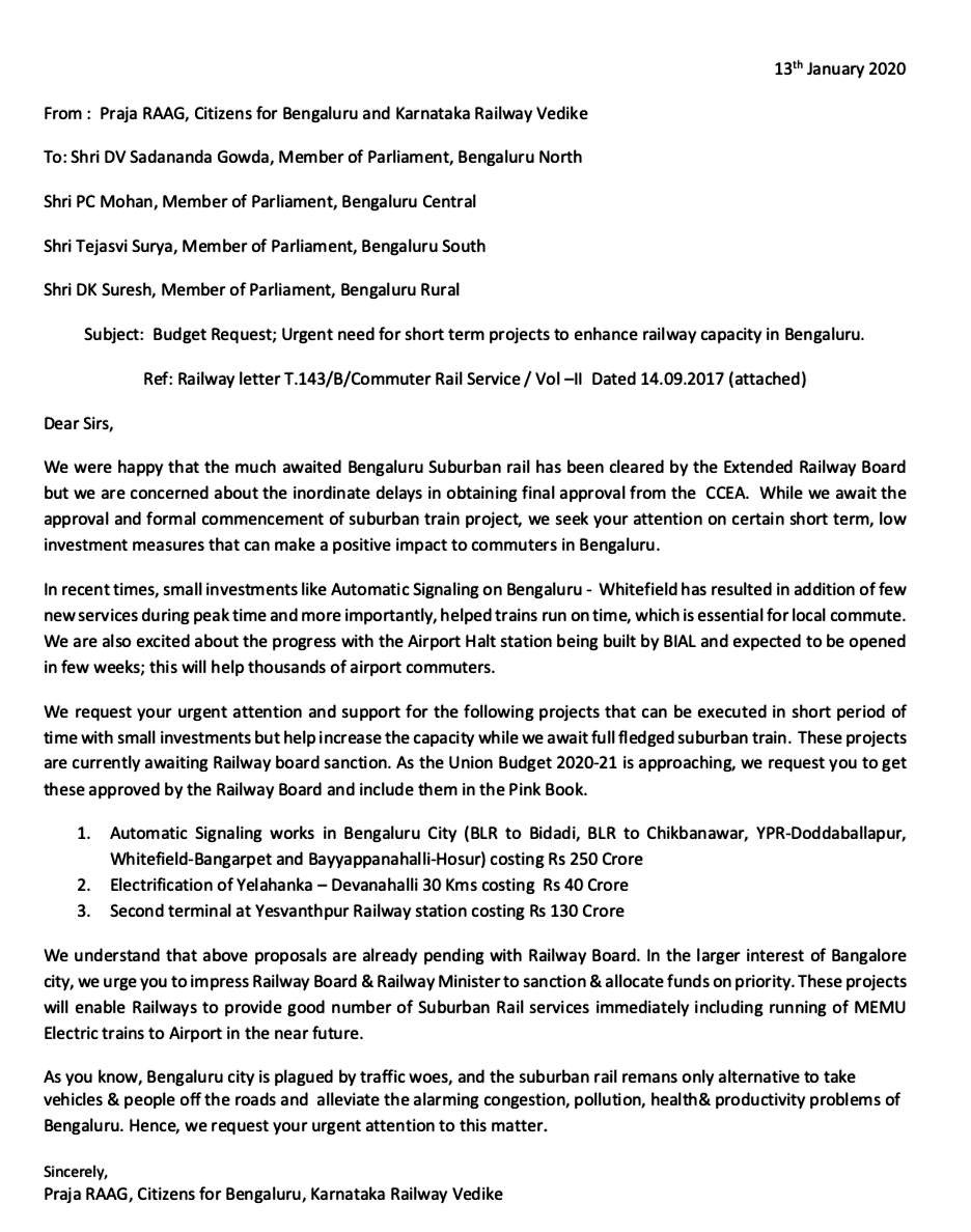 A letter to all Bengaluru MPs <a href="/PCMohanMP/">P C Mohan</a> <a href="/Tejasvi_Surya/">Tejasvi Surya</a> <a href="/DVSadanandGowda/">Sadananda Gowda</a> <a href="/DKSureshINC/">DK Suresh</a> #Bengaluru seeks railway budget allocations for short term, small investment projects to increase railway capacity. <a href="/Dyamannavar/">Sanjeev Dyamannavar</a> <a href="/KARailway/">Karnataka Rail Users</a> <a href="/praja_bangalore/">Praja</a>