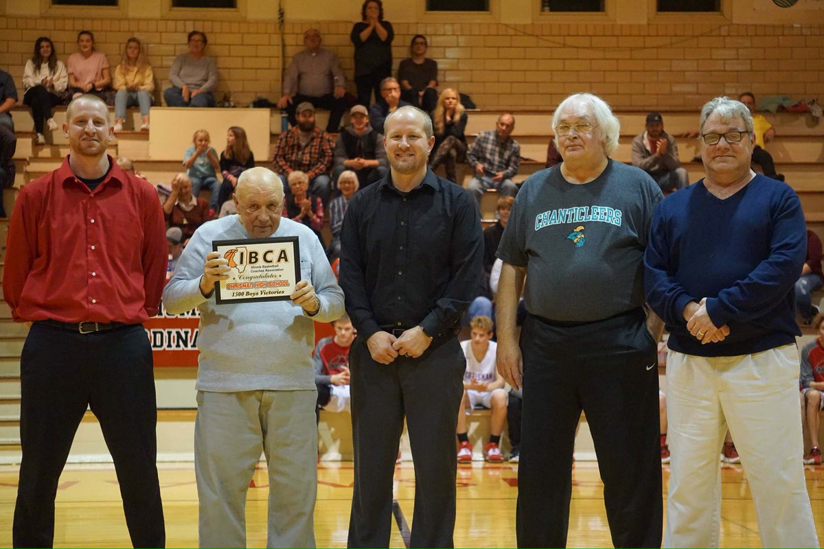 Chrisman boys coach Lane  Good, HOF coach Roger Beals, and former players Justin Kindred &amp; Dave Chandler accept a 1500 School Victory plaque from HOF Coach and IBCA BOD Kevin Long. 1647 &amp; counting! <a href="/ibcacoaches/">Illinois Basketball Coaches Association</a> <a href="/chrisman_hs/">Chrisman HS</a> <a href="/Chrisman_hoops/">WC Basketball</a>