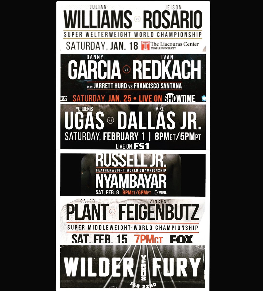 TGBpromotions's tweet photo. There are no seasons in boxing...
We start another huge #FightYear this weekend in Philly! #WilliamsRosario
Donβt miss all the best fights only on @PBConFOX and @ShowtimeBoxing
#GarciaRedkach #UgasDallas #RussellNyambayar #PlantFeigenbutz #WilderFury2 https://t.co/k4haHYnFhK