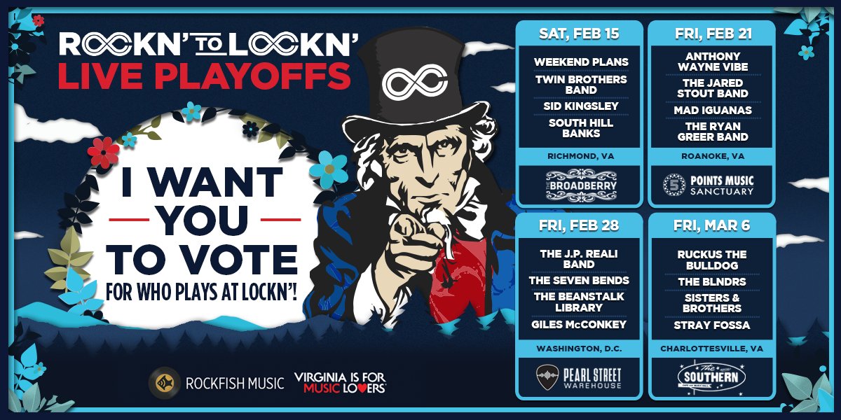 locknfestival's tweet photo. Announcing ROCKN' to LOCKN' live playoffs! Meet us at @TheBroadberry on 2/15, @5pointsmusic_ on 2/21, @pearlstreetlive on 2/28, and @southern_cville on 3/6. Hear some of VA's finest sounds and vote for your favorite to play the finale. Info: https://t.co/AirMeniP7Y https://t.co/HKD9Yh7LBh