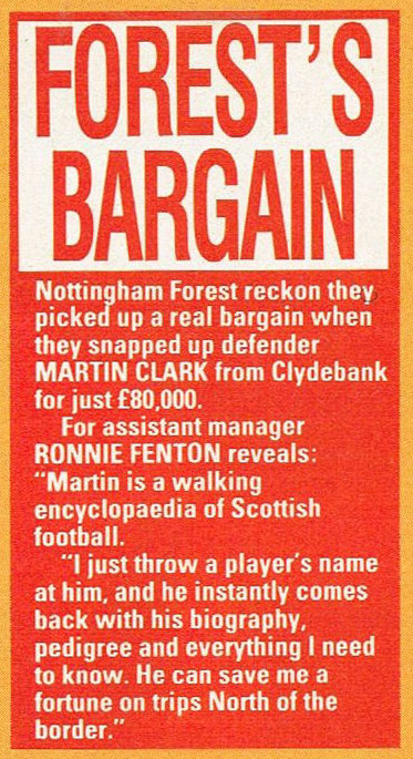 ScotsFootyCards's tweet photo. Checked this one as it wasn't a name I remembered at Clydebank. I was right. It was Clyde... Well done Shoot! - Forest's Bargain #MartinClark #Clyde #RonnieFenton #NottinghamForest #Shoot! 1989-04-01 https://t.co/ckJnobKEhI