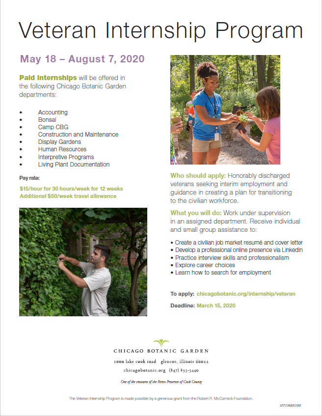 HortTherapyCBG's tweet photo. Chicagoland #Veterans! The @chicagobotanic Garden is hiring for its 5th year of the Veteran Internship Program (VIP). See the attached photo for details on these paid positions and go here to apply: https://t.co/ByTwTOsVwy // The VIP is made possible by the @McCormick_Fdn. https://t.co/G2joCiX8C7