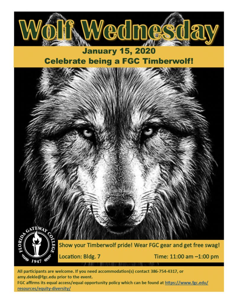 FGCSAO's tweet photo. COMING UP :Wolf Wednesday 🤩wear your fgc gear and get a free prize ! 10am-1pm in bldg 7 💚💛 https://t.co/vbBfxKy66v