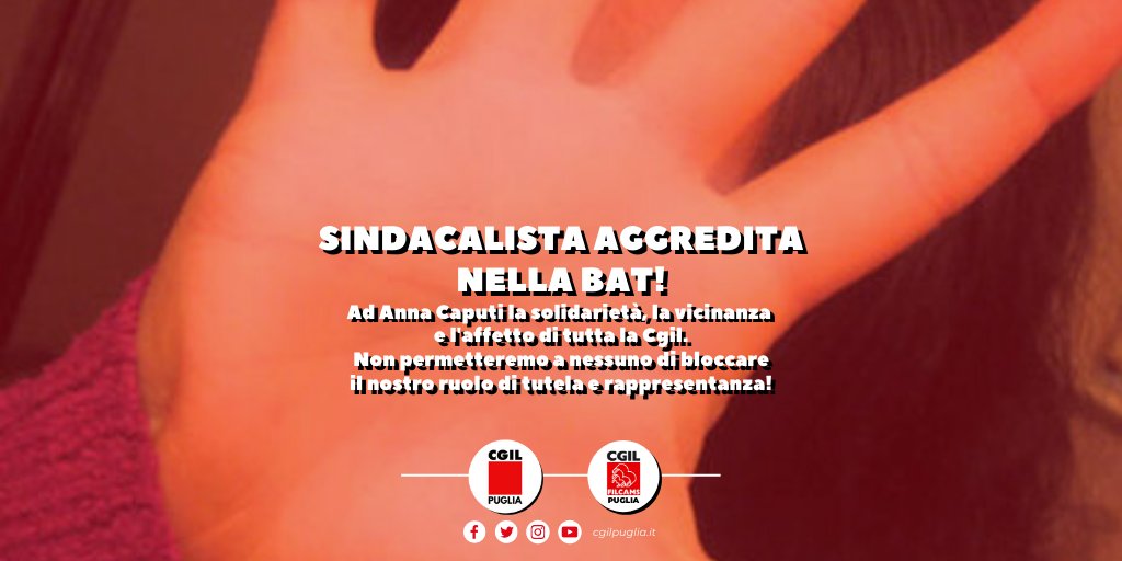 cgilpuglia's tweet photo. Dirigente sindacale aggredita a Bisceglie, la solidarietà di @cgilpuglia e Filcams @PugliaCgil
@GesmundoPino: episodio che dimostra rispetto di alcuni datori di lavoro verso regole e controparti. 
@BarbaraNeglia: nostro lavoro continua 
Nota completa➡️https://t.co/TVAGnowqhS https://t.co/pGPCLMTZiv