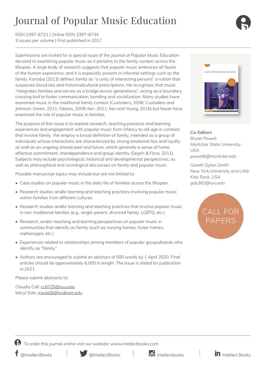 GDylanSmith's tweet photo. Excited today to announce the call for papers for a @IntellectBooks @JPME_journal special issue on family contexts across the lifespan, guest-edited by @merylsole1 and @Claudia Cali.
https://t.co/EJlXEORshy 
@PopMusicEd @Powell_Bryan @official_isme @ISME_PME_SIG @MusEDLab https://t.co/EGodzitB6P