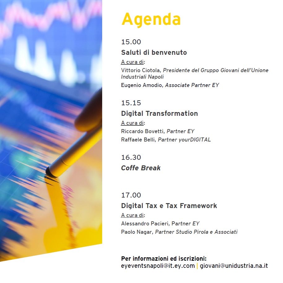 Unindustria_NA's tweet photo. Domani #14gennaio ore 15.00 secondo incontro “CFO Agenda Napoli” organizzato dal Gruppo Giovani Imprenditori e promosso dalla nostra associata, Ernst&Young, sui temi #DigitalTrasformation, #DigitalTax e #TaxFramework.
Per adesioni: https://t.co/XFCJtbXx4w
#gginapoli https://t.co/0hiuUDtEas