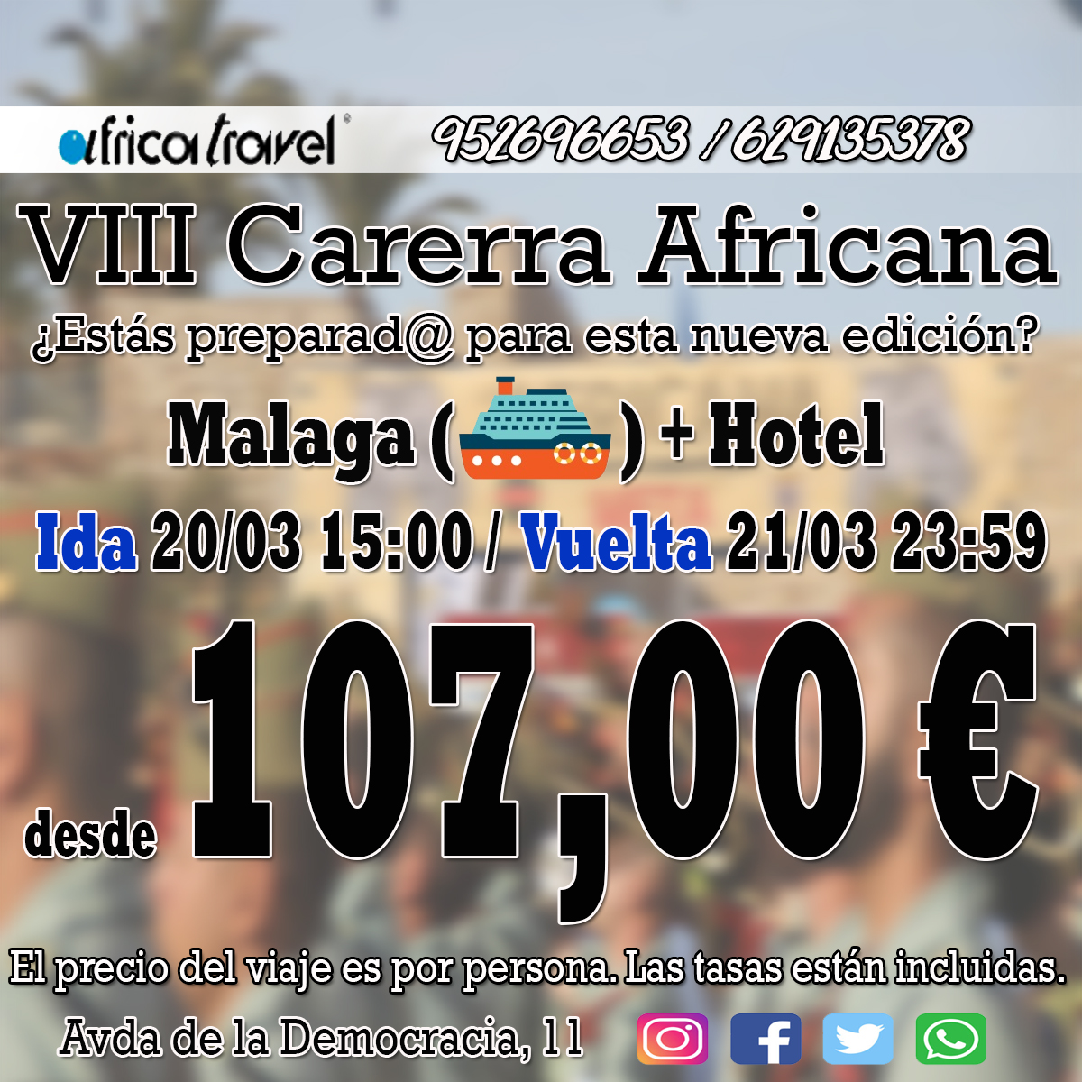 africatravelmel's tweet photo. Han salido hoy las inscripciones para la @AfricanaCarrera  de éste 2020, ¿aún no sabes como venir?. Nosotros te traemos, más información y reservas: ☎️ 952696653 / 629135378 https://t.co/rCzvabh7ps