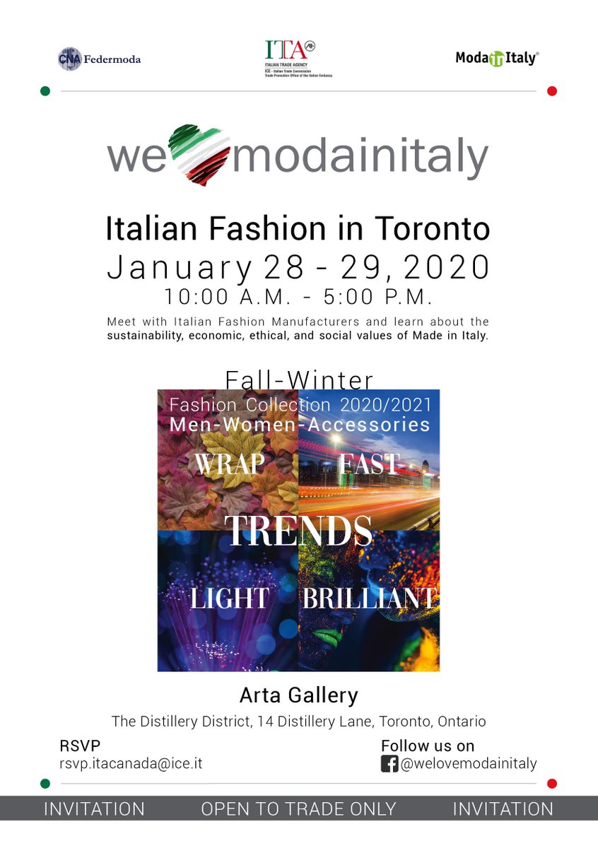 ITAToronto's tweet photo. We are so excited! We❤️ModainITaly is just 15 days away. 

Join it @ArtaGallery next January 28-29 and meet with 🇮🇹Fashion Manufacturers for FW Fashion Collection 2020-2021 

#WelovemodainItaly Organized by #federmoda @cnanazionale with @ITAToronto 

RSVP to rsvp.itacanada@ice.it https://t.co/akKdlNBDPO