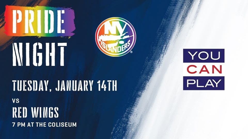 YouCanPlayTeam's tweet photo. #IslesFans Join us and 
@NYIslanders at Pride night on Tuesday 1/14 at Nassau Veterans Memorial Coliseum. Tickets are available for purchase here:  https://t.co/O6LQNdK6Pl. As part of the night #YouCanPlay and @LGBTNetworkNY will be receiving funds raised through the 50/50 Raffle https://t.co/Kn4o5UBFbW