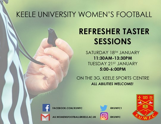 As we're fast approaching refreshers, here are our 2020 taster session details. All you'll need is your keele card to get into the sports centre, a drink, and boots and shin pads if you have them. We're looking forward to seeing lots of new and old faces! #thisgirlcan
