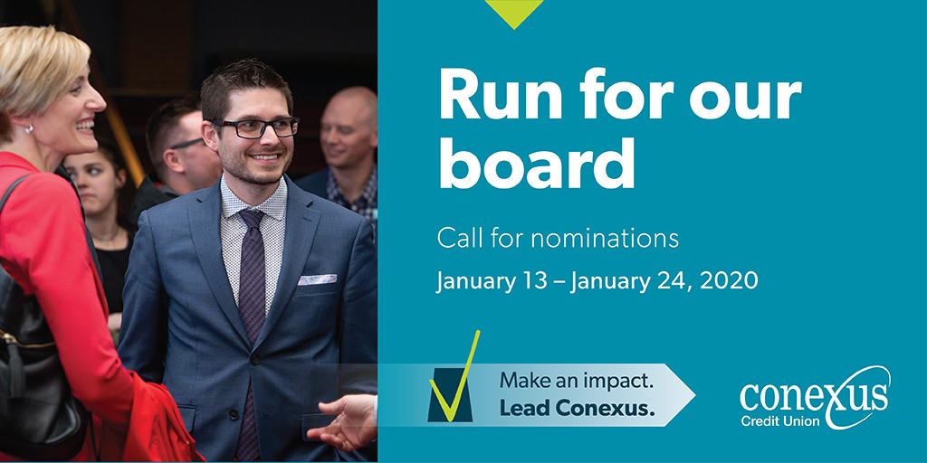 Conexus_CU's tweet photo. It's your chance to be a part of something great! Running for the Conexus Board is a great way to get involved with your community and assist in leading Conexus into the future. #YourVoiceMatters Find out more about our board positions here https://t.co/AcVaDNhJRI https://t.co/1vhfWpbHWV