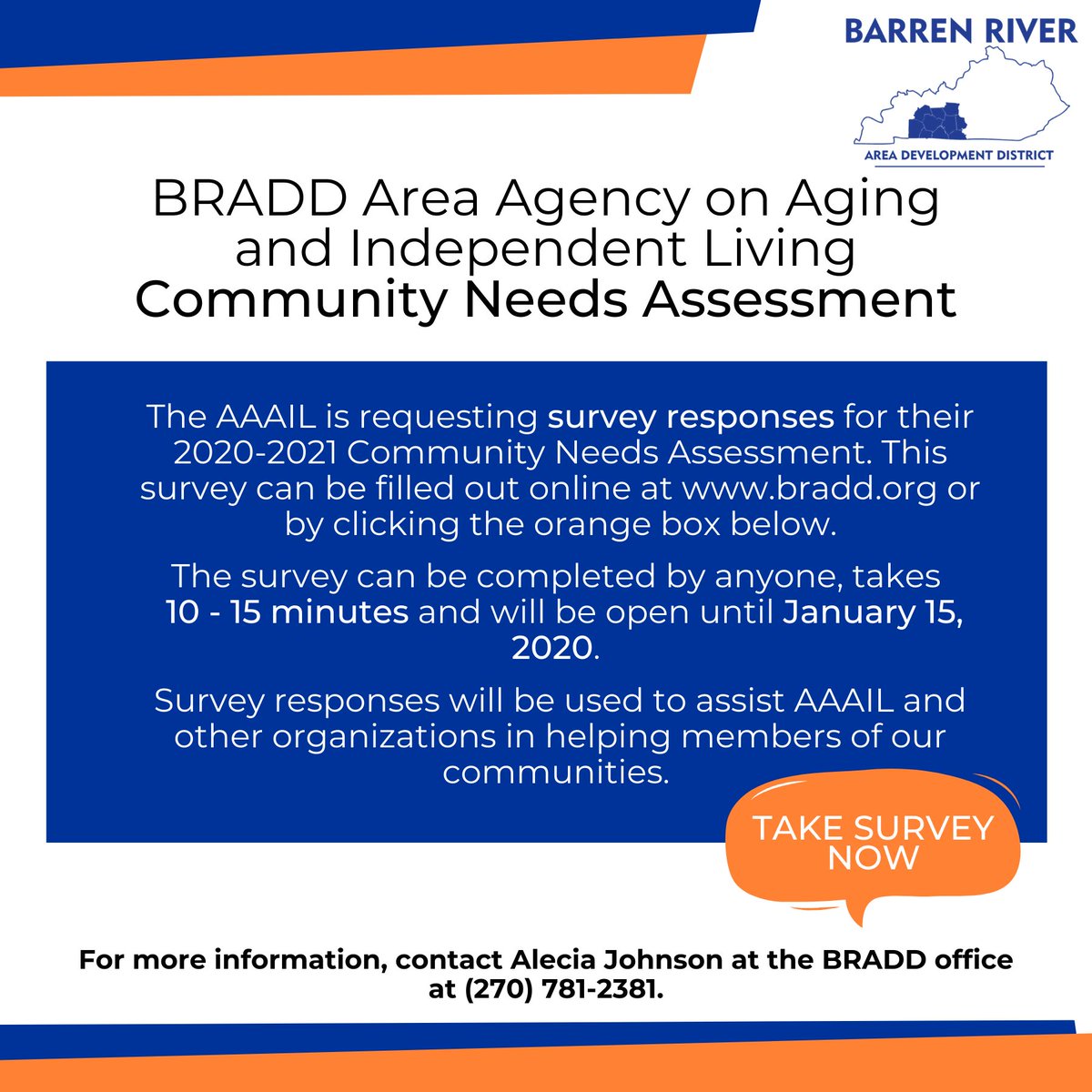 BarrenRiverADD's tweet photo. If you live in the BRADD region and have an interest in the needs of elderly and disabled individuals, please assist us in identifying service needs by taking the AAAIL Community Needs Assessment survey at https://t.co/urVxdeMuAy. Your voice is greatly appreciated. #AAAIL https://t.co/jSHs6ZVlMt