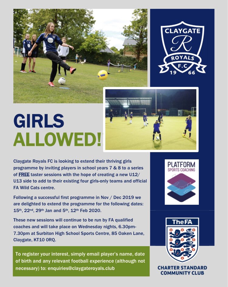 ClaygateRoyals's tweet photo. FREE football taster sessions from Claygate Royals FC extended for girls in school year 7 &amp; 8 #FreeFootball https://t.co/2u7T0Abtig