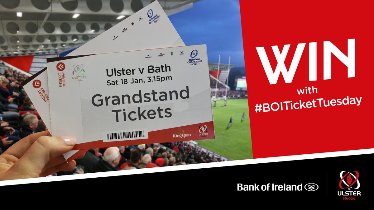 UlsterRugby's tweet image. 💥GIVEAWAY TIME💥 

Fancy watching Ulster v Bath at Kingspan Stadium this Saturday, courtesy of @bankofireland? 

To be in with a chance to win 2 GRANDSTAND Tickets, simply: 
☑️Retweet 
☑️Follow @UlsterRugby 

🎊Winner will be announced at 10am on Wednesday!