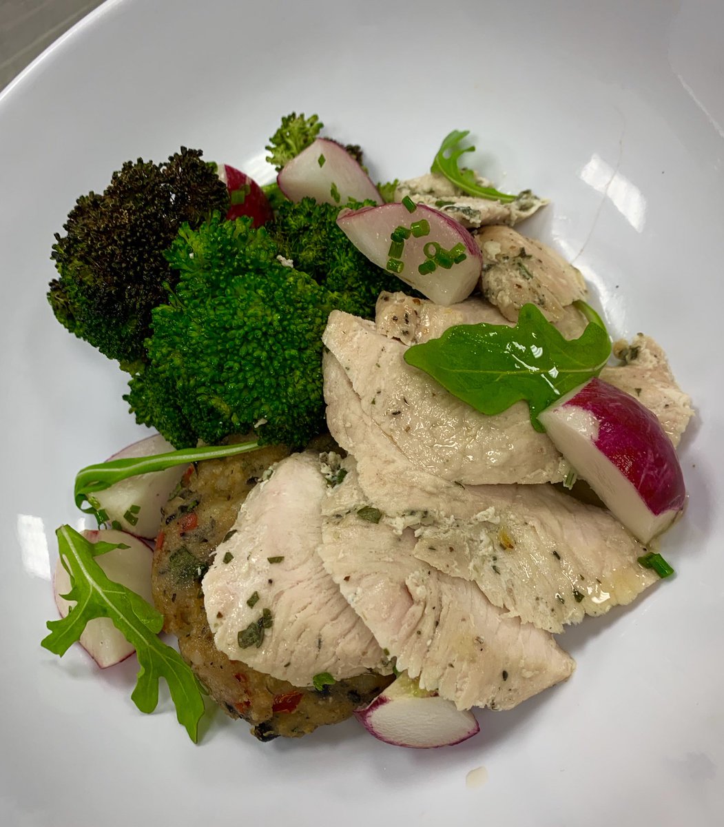 Our Taste+ innovation is available at #CourtyardCafe and #ElementsCafe ‘till Wednesday. Featured today: Earth Friendly - antibiotic free chicken paillard, black bean &amp; potato cakes, charred broccoli and French breakfast radish salad 🤗