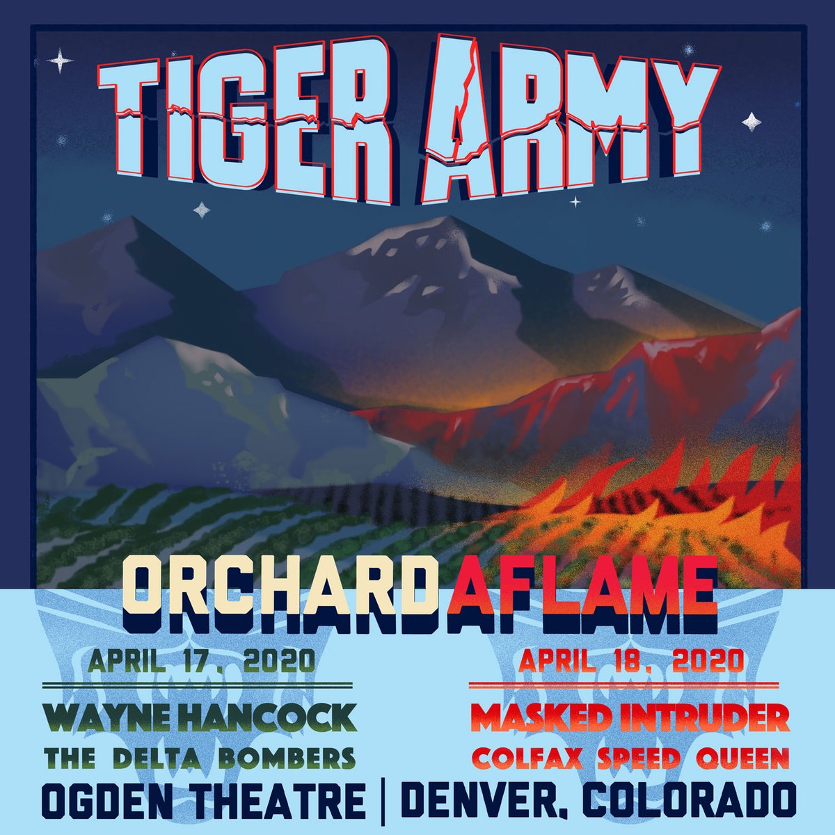 DENVER: Announcing single-night tix for <a href="/tigerarmy/">Tiger Army</a>  #OrchardAflame 
Night 1 (Fri. 4/17) ➡️ bit.ly/taoan1
Every TA country song played w/ pedal steel!

Night 2 (Sat. 4/18) ➡️ bit.ly/taoan2
A high-octane set diff from Night 1 w/ the entire 'Early Years' EP!