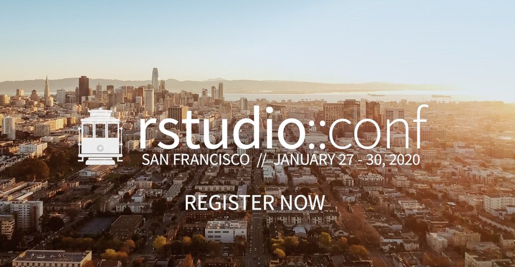 rstudio conference 2020 - register now. this image shows the san francisco skyline at sunrise, relaxing yet motivating. Text overlayed reads rstudio colon colon conf, san francisco, january 27 through 30, 2020, register now. 