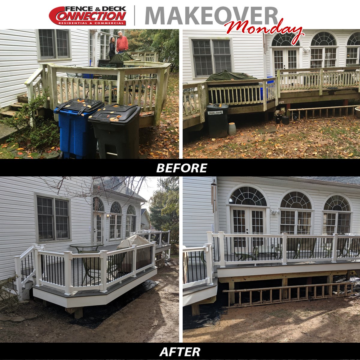 #MakeOverMonday: Replaced old wood deck w/ new TimberTech Terrain composite deck board (30 year fade &amp; stain warranty). White vinyl railing w/ black aluminum balusters. White PVC fascia wrap for a crisp clean finish. Love how the new deck compliments existing home!
#beforeafter