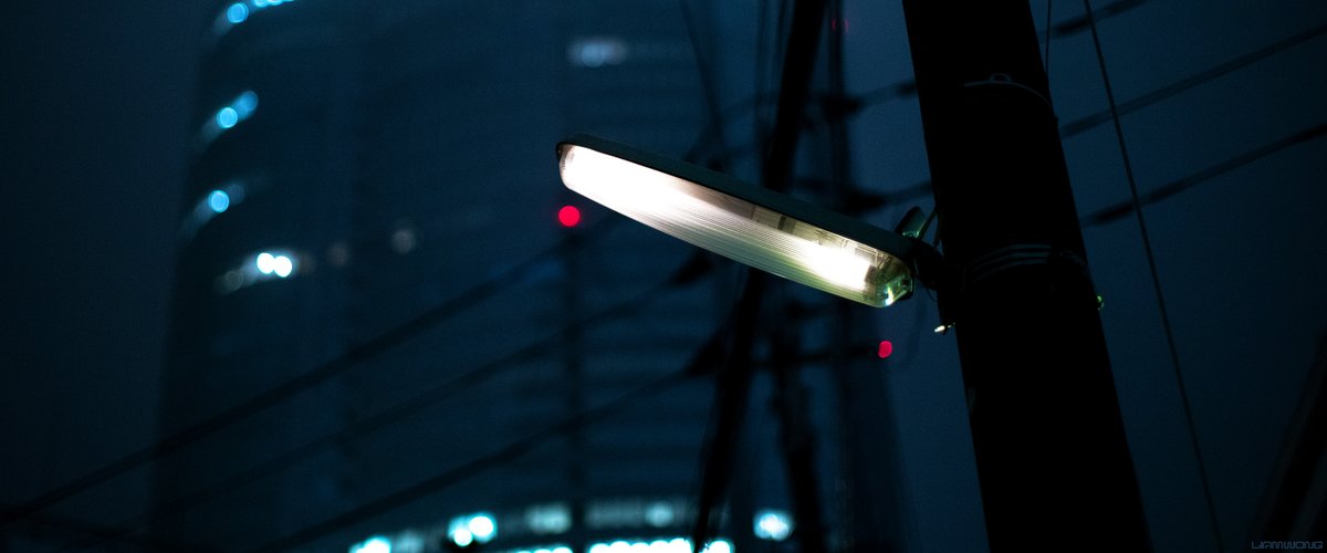 Photography by Liam Wong of Tokyo at night. Captured on a foggy night at 3am. A close-up of a lamp, the background is of a large skyscraper building. It is out of focus and the lamp is in focus. It is blue and cold in color, desaturated.