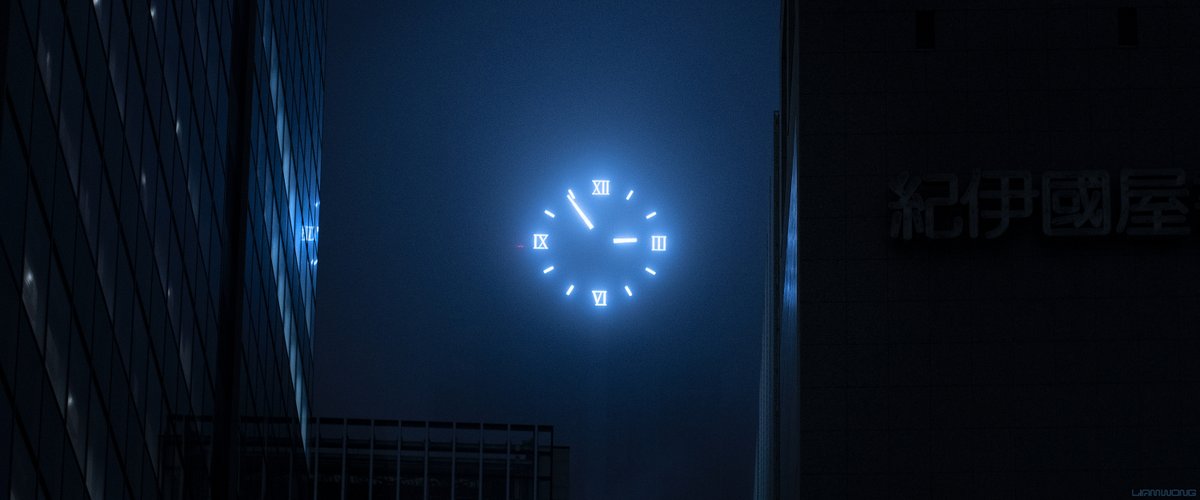 Photography by Liam Wong of Tokyo at night. Captured on a foggy night at 3am. This image is of a clock in Yoyogi - it appears as if it is floating. It glows in the night. It reads 2:55am.