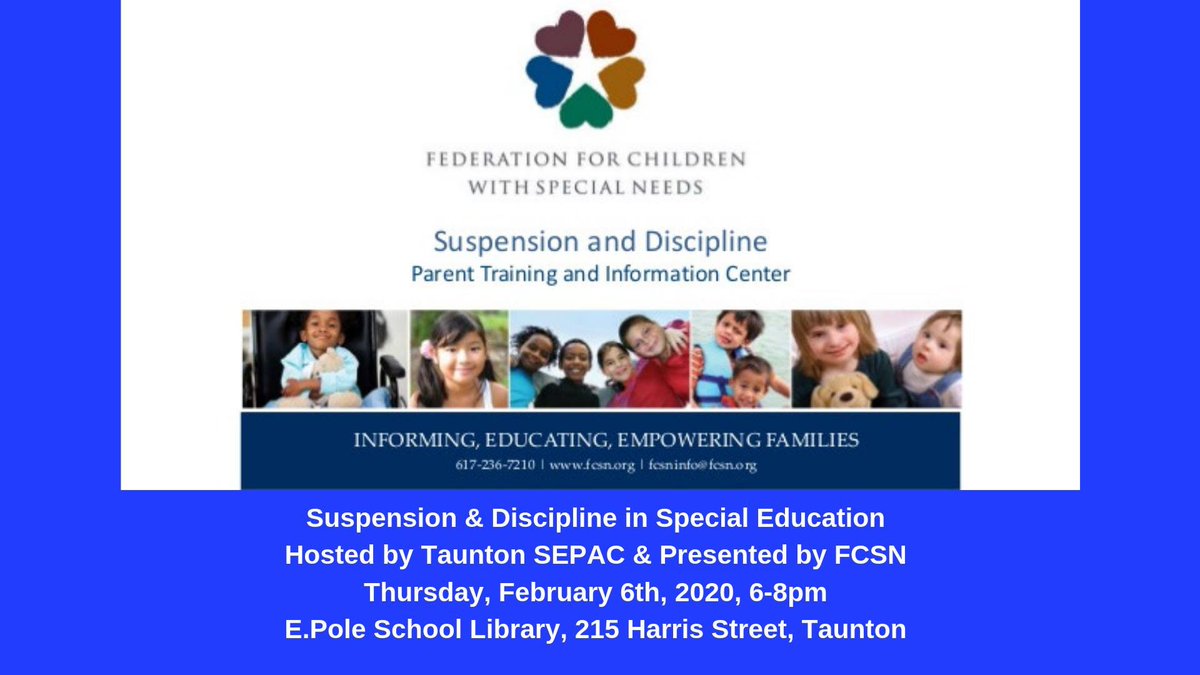 Save the date for Suspension and Discipline in Special Education on February 6th! <a href="/Taunton_Schools/">Taunton Public Schools</a>  More info here: facebook.com/events/1291325…