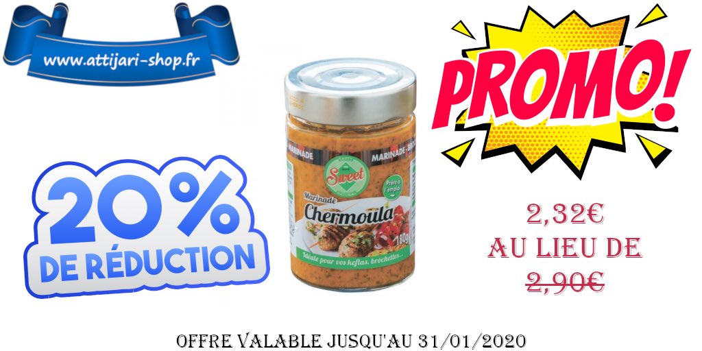 AttijariShop's tweet photo. ✅ Promo sur la Sweet Marinade Chermoula
✅ 2,32€ au lieu de 2,90€
✅ Offre valable jusqu’au 31/01/2020
🛒➡️ https://t.co/4nEet7N2Y6

#sauce #sauces #sweet #sweetsauce #marinade #chermoula #grillades #barbecue #instafood #food #promo #promotion #instapromo #instaprom https://t.co/UEujz4oUyX