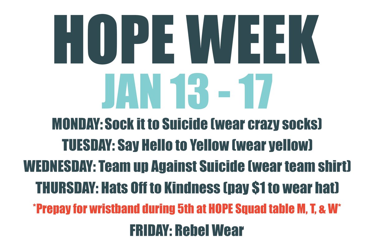 It’s HOPE week at RHS. Our hope is that the students of RHS will feel more comfortable talking to each other about their feelings, help spread positivity and prevent suicide. If you know someone struggling seek out an adult who can help with resources to keep your friend safe.