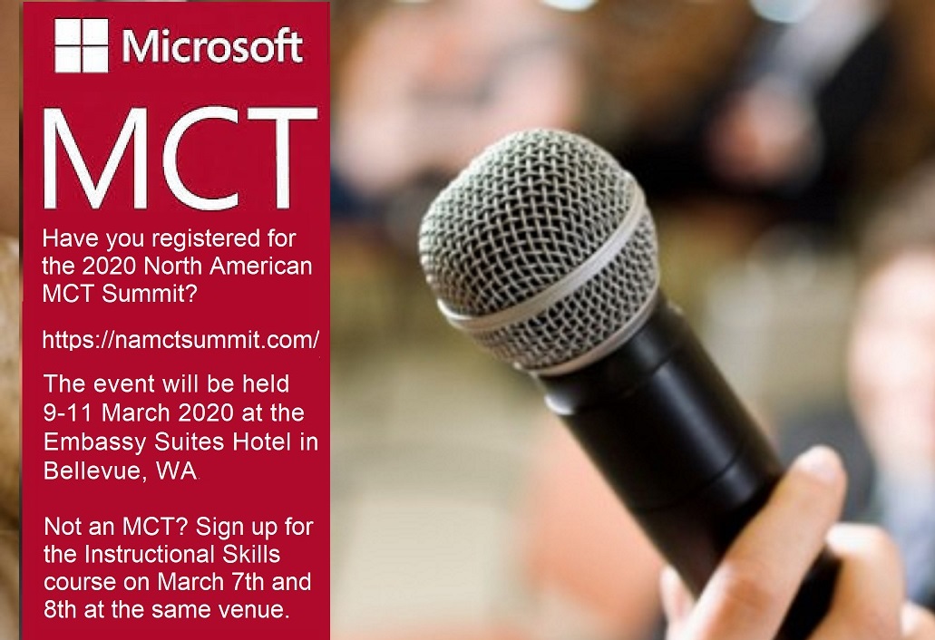 Have you registered for the MCT Summit being held 9-11 March 2020 at the Embassy Suites Hotel in Bellevue, WA? Not an MCT? Sign up for the Instructional Skills course on the 7th and 8th at the same venue. namctsummit.com