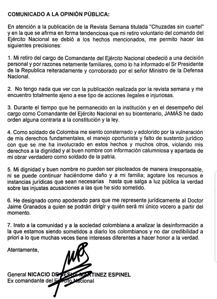Comunicado Gral. Nicasio Martínez: "Insto a la comunidad y a la sociedad colombiana a analizar la desinformación a la que estamos siendo sometidos a diario los colombianos y no dar credibilidad a priori a lo que muchas veces tiene intereses diferentes a hacer honor a la verdad"