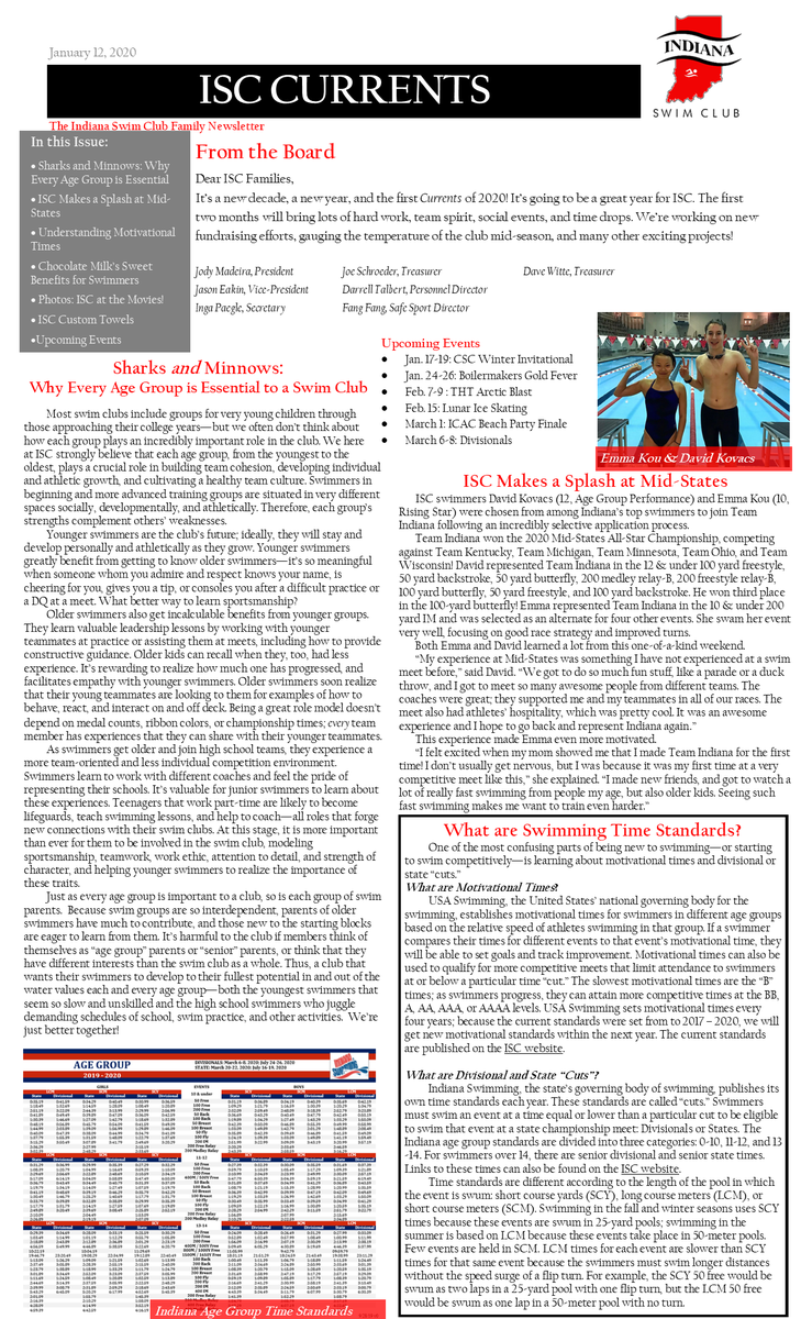 IndianaSwimClub's tweet photo. Here's the new January 2020 edition of the Indiana Swim Club Newsletter, Currents! #btownswimming #meetmeatISC https://t.co/3jANausEOs https://t.co/Uqt8NNb9BJ