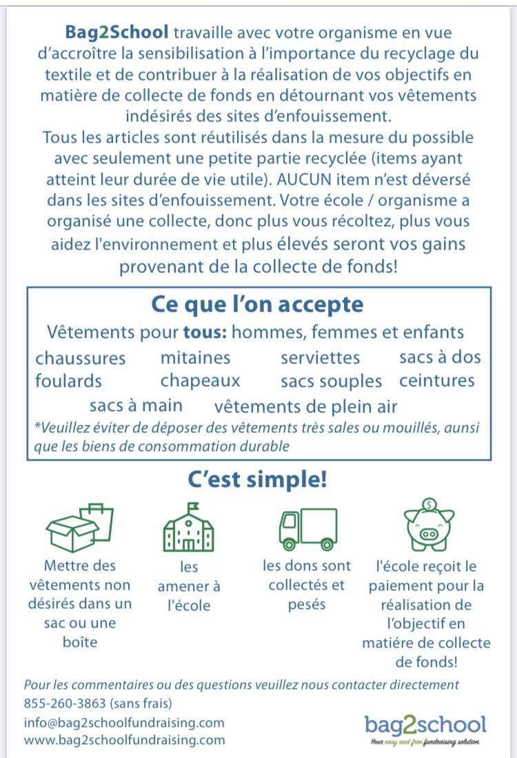 La collecte de vêtements se poursuit jusqu’au 30 janvier. Nous soulignons que c’est une initiative du club ÉcoÉcole afin de sensibiliser notre communauté scolaire au recyclage. L’éducation environnementale est cruciale pour former les citoyens conscients et responsables.