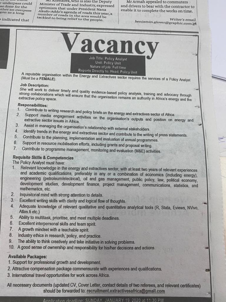 @VacanciesGh #PolicyAnalyst 
Applicant must be female