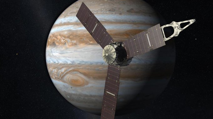 Artist depiction of the Juno spacecraft in front the planet Jupiter. 
