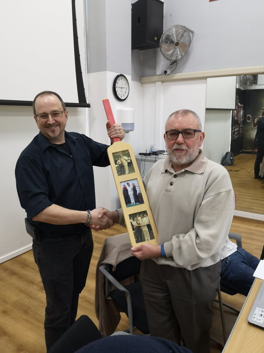 Ian Halford receiving his photo bat as he stands down as Chair and as Steve Farmer stands down as President.  Thanks for all your efforts.