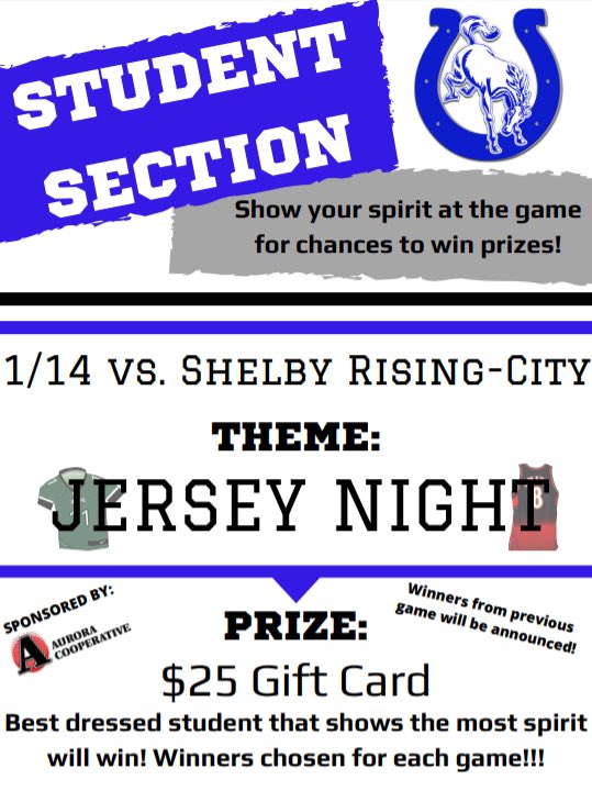 Show up tomorrow night and cheer on the boys and girls at home against Shelby-Rising City!! JV starts at 4:30 with varsity games to follow. Theme is JERSEY! Go Broncos!! #bronconation