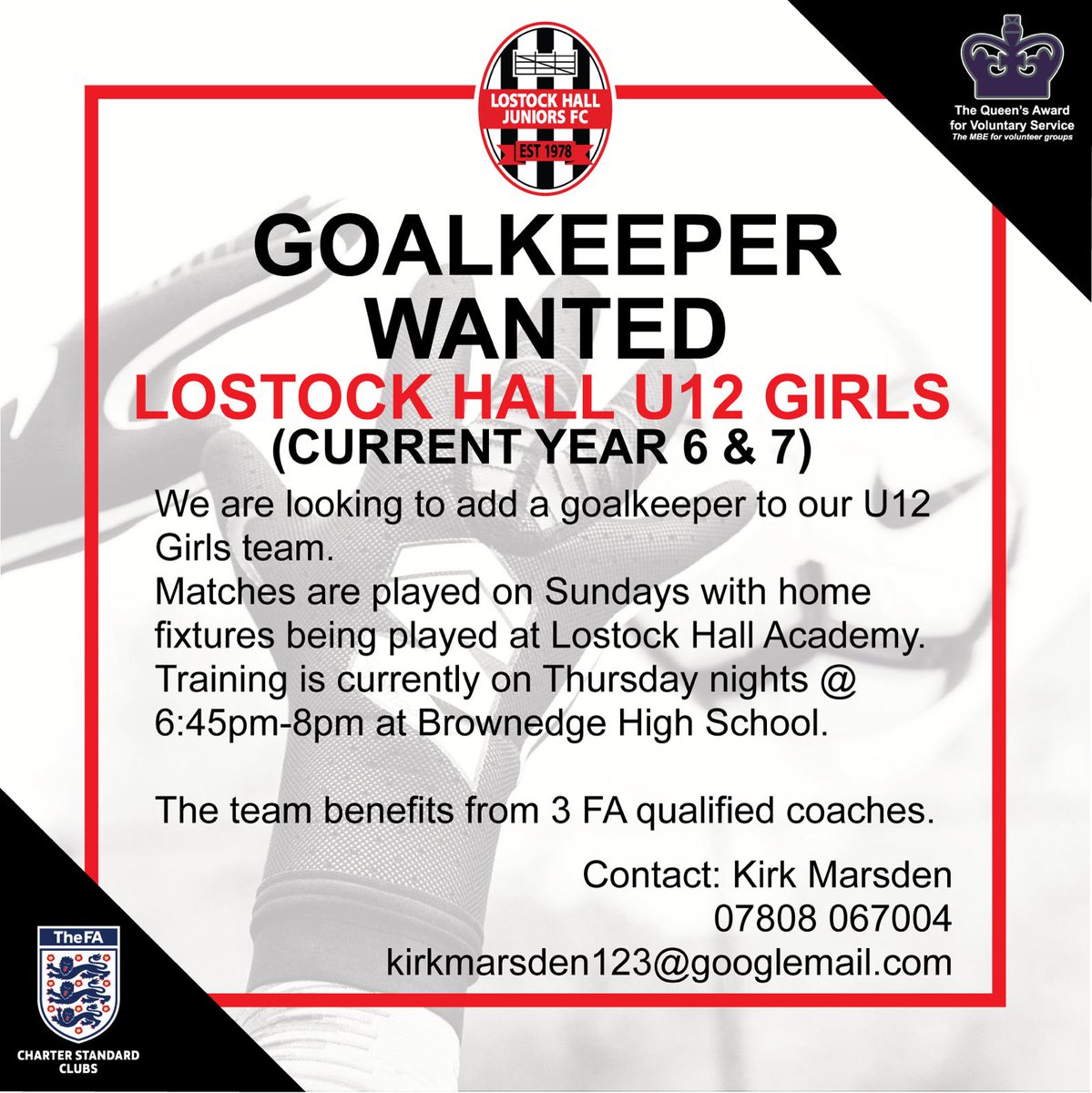 kirk93pne's tweet photo. Goalkeeper wanted for @Lostock_HallJFC U12 Girls. https://t.co/pa5L2aBBHy