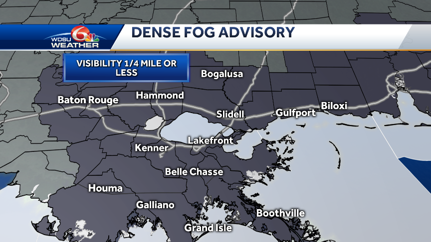 MargaretOrr's tweet photo. Dense fog advisory through 3pm. Dense fog advisory again 6pm-9am Tuesday. Be aware of dense fog tonight driving home from #cbfplayoff #LSU #CLEMSON @wdsu #nola https://t.co/l4SpUsJDym