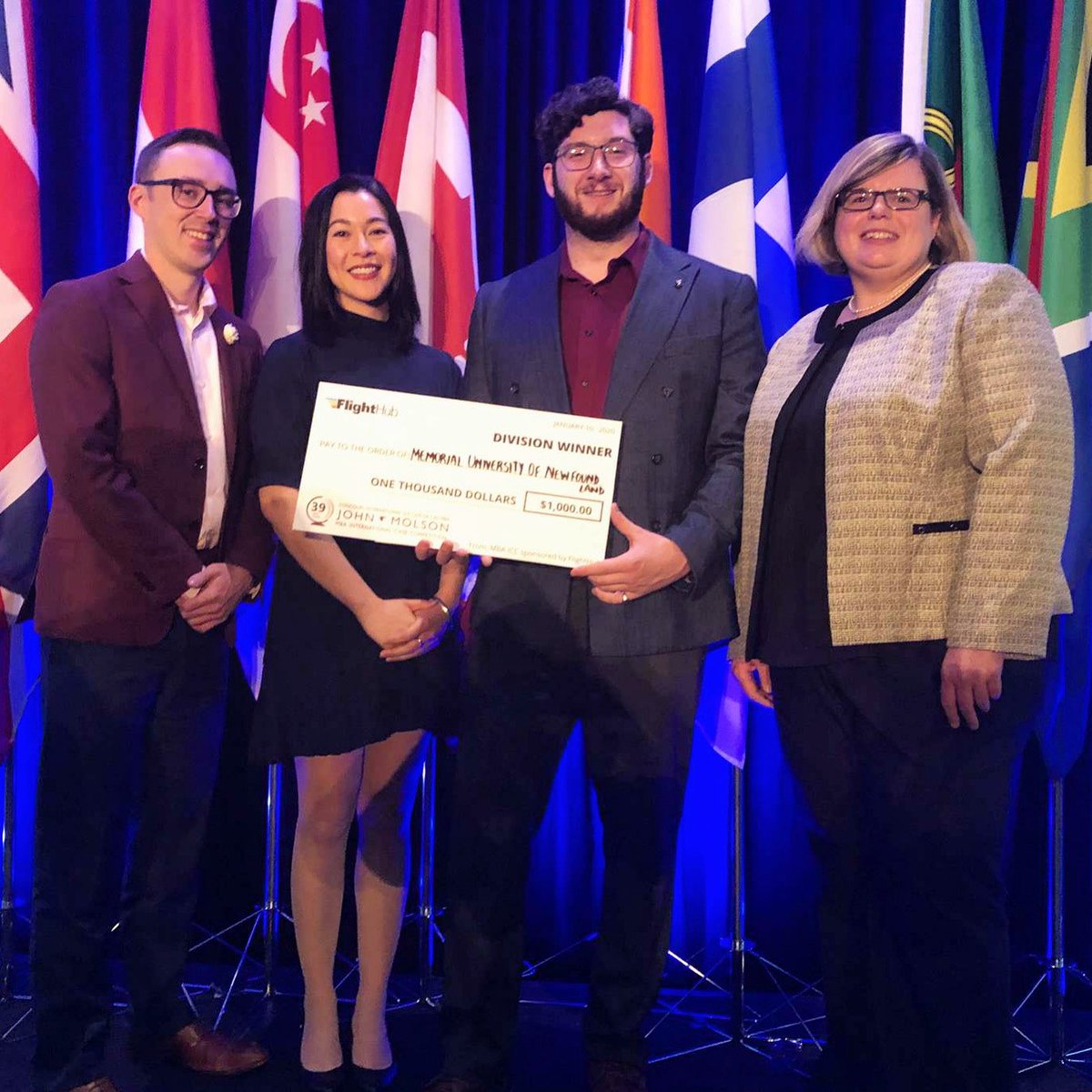 MUNBusiness's tweet photo. Congrats to @MemorialU's #MBA case team, (L-R) Curtis Whelan, Christina Fong, Evan Foote & Kim Sheppard, on a semi-final finish at the John Molson MBA Int'l Case Competition! Memorial was undefeated in Division B to finish 2nd overall going into the semis. @gradstudies #MBAICC https://t.co/872tD3O8p4