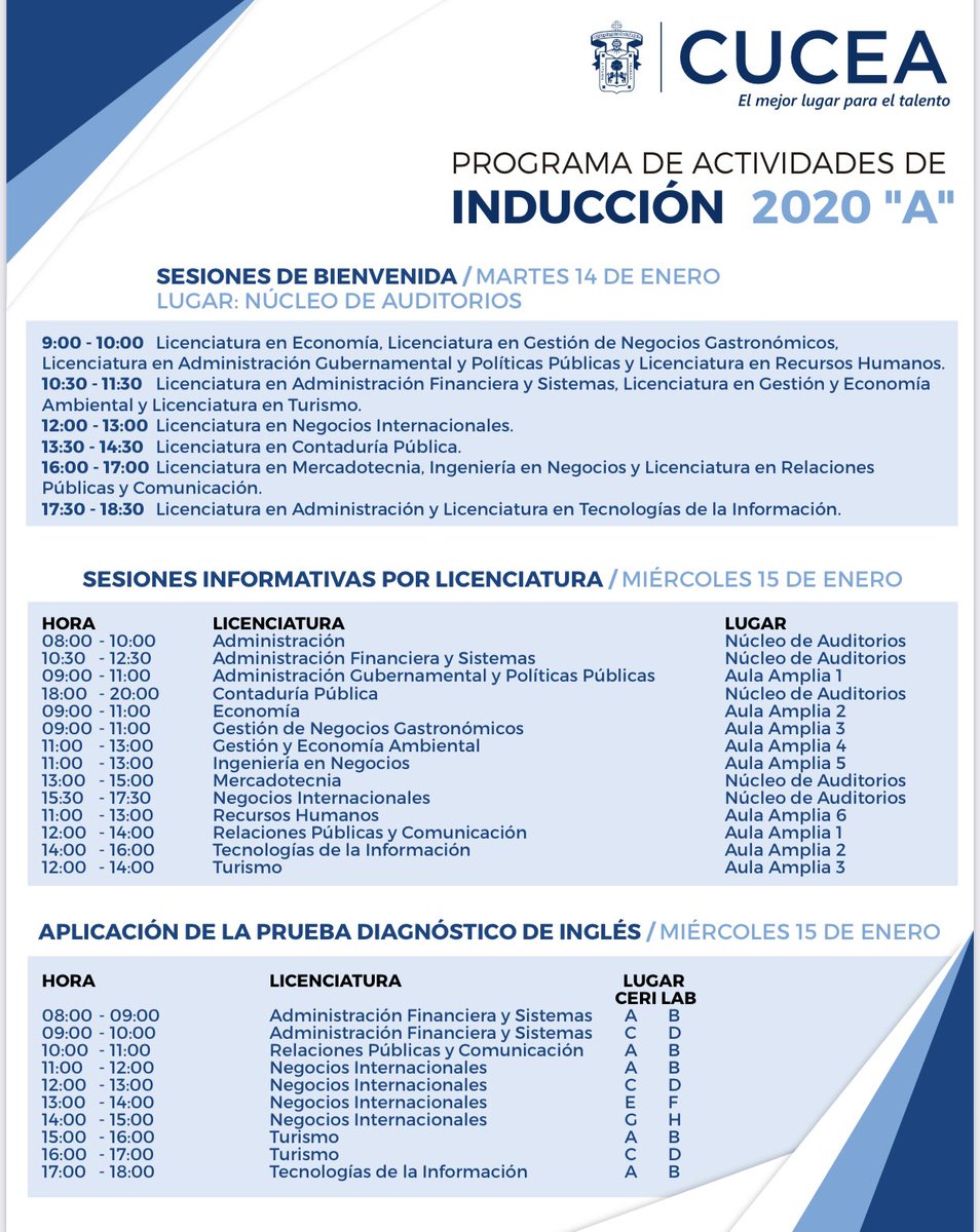 CUCEA_OFICIAL's tweet photo. Les compartimos el Programa de Actividades de Inducción 2020-A. #CursosDeInducción #CUCEA #ElMejorLugarParaElTalento https://t.co/pbPEAg9Wa7