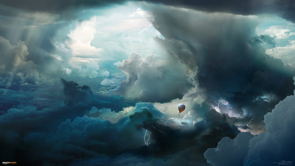 Designing what the storm could look like for #TheAeronauts  was a really fun challenge. This is the moment we pull back and see how the balloon is just surrounded by epic clouds and lightning, and luck would have it that you're heading towards more trouble, unable to steer...