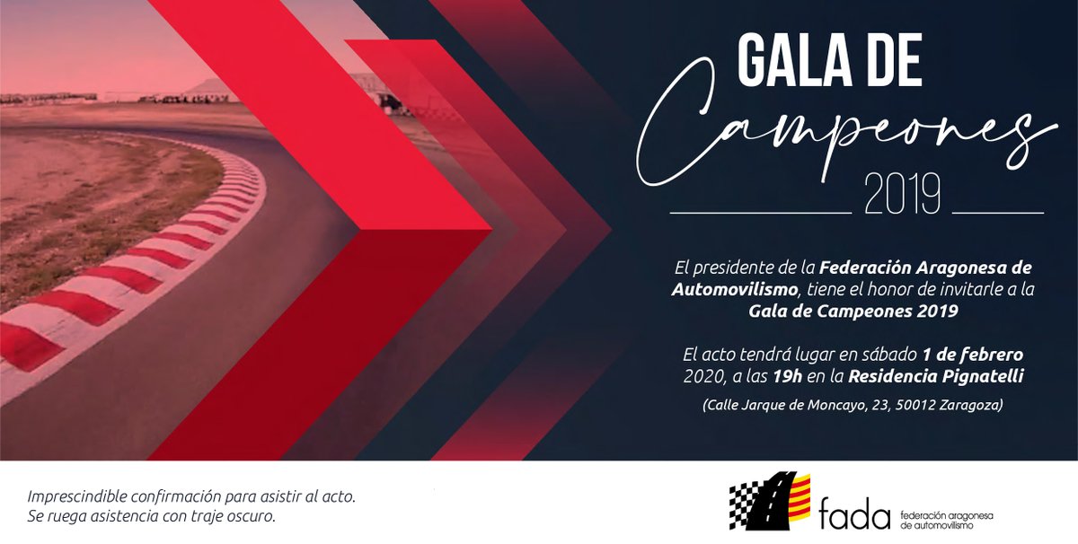 FadaInfo's tweet photo. El próximo sábado 1 de febrero, se celebrará la Gala de Campeones 2019. 
Un año más, es un placer disfrutar del evento con todos vosotros.

* Se ruega asistencia con traje oscuro

#fada #automocion  #aragon #galadecampeones #motor #premios2019 https://t.co/sztALBnu8a