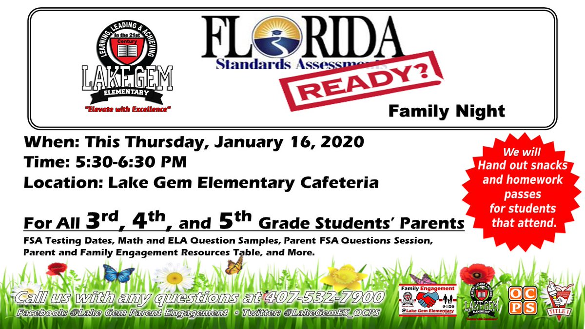 We invite all of our 3rd, 4th, and 5th Grade students' families to our FSA Family Night this Thursday at 5:30pm in the Cafeteria. Parent, do you have questions about the FSA? Come to learn all about the FSA Test and have your questions answered. 
<a href="/OCPSnews/">ocpsnews</a> 
<a href="/OCPS_PFE/">OCPS Parent and Family Engagement</a> 
@LGEParent